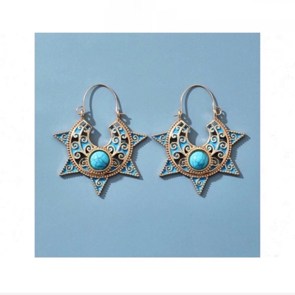 Sunburst Tribal Gold Etnic turquoise Moroccan earrings jewelry blue